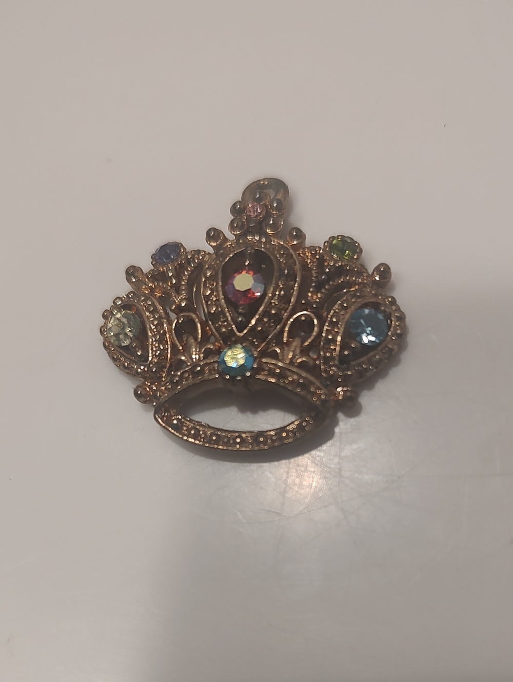 Antique Gold Tone Crown Pendant With Multi-color Rhinestone